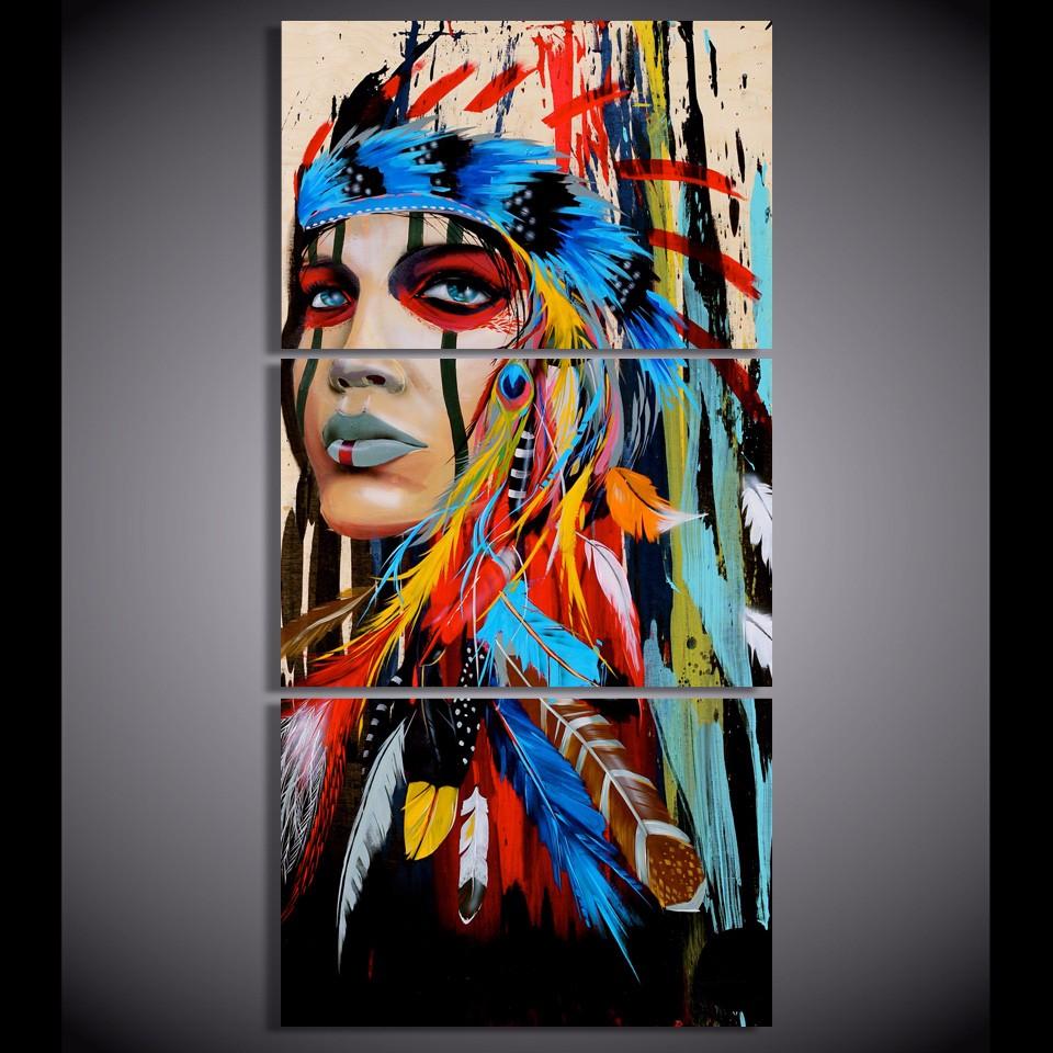 3 Panel Wall Decor Native American Indian Girl Colorful Wall Art