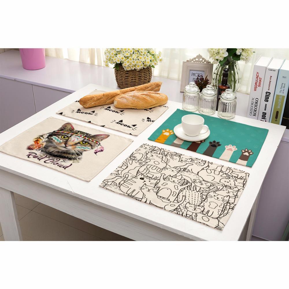Adorable Cat Prints Cotton Linen Kitchen Table Placemats