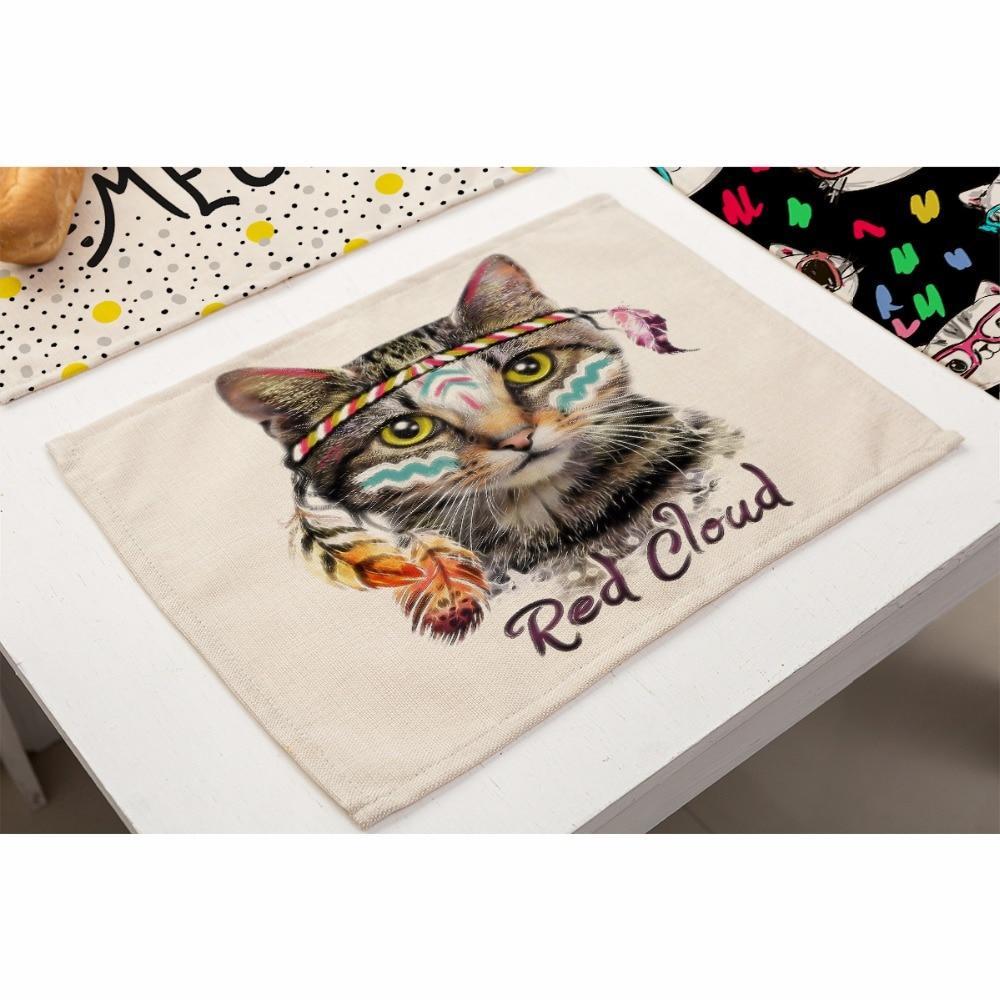 Adorable Cat Prints Cotton Linen Kitchen Table Placemats