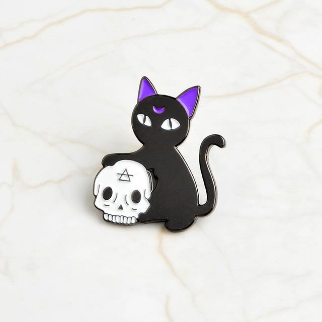 Black Cat Skull Head Pin Brooch