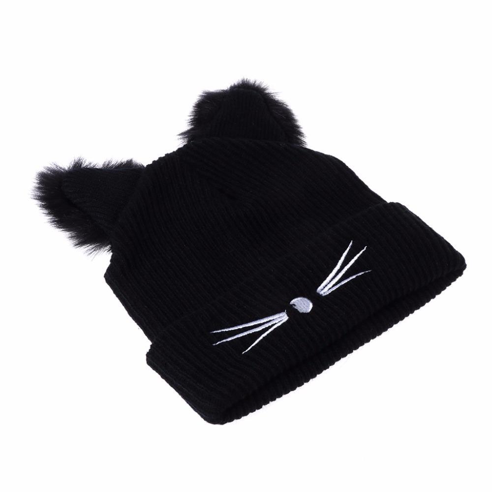 Fluffy Cat Ears Women Hat Knitted Warm Winter Beanie