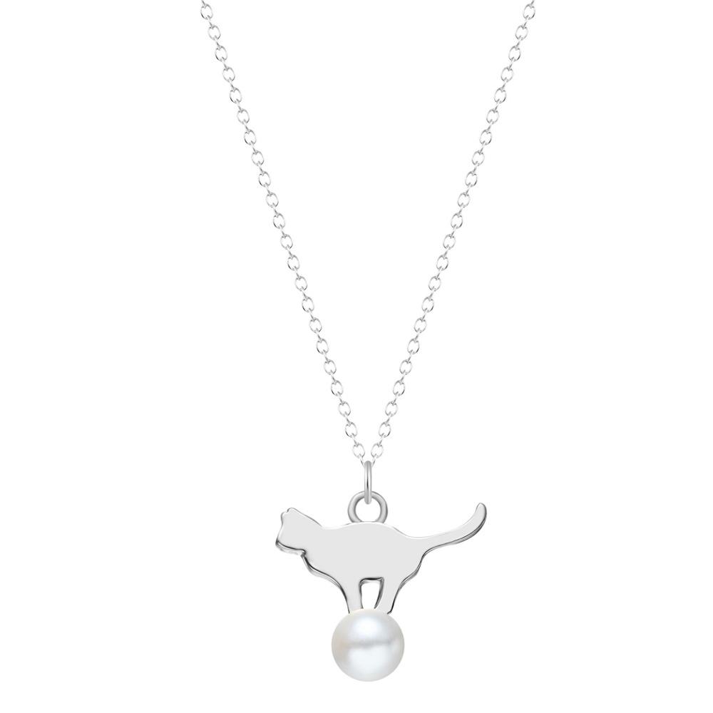 Playing Cat with Ball Pearl Pendant Necklace