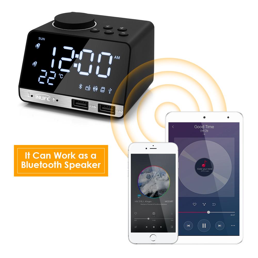 Bluetooth Radio Alarm Clock Speaker With 2 USB Ports